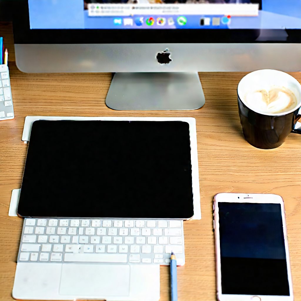 Business Aerial Photography: Workplace With (digital:1.28) Devices On Desk With Wooden Desk