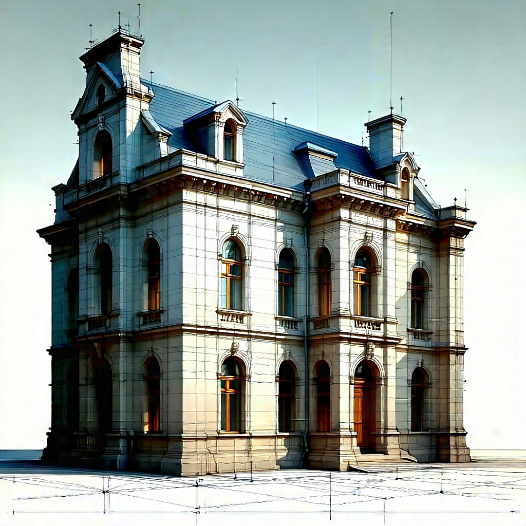 Urban Technical Illustration: Historic (building:1.17) With Minimalist Design With Large, Ornate