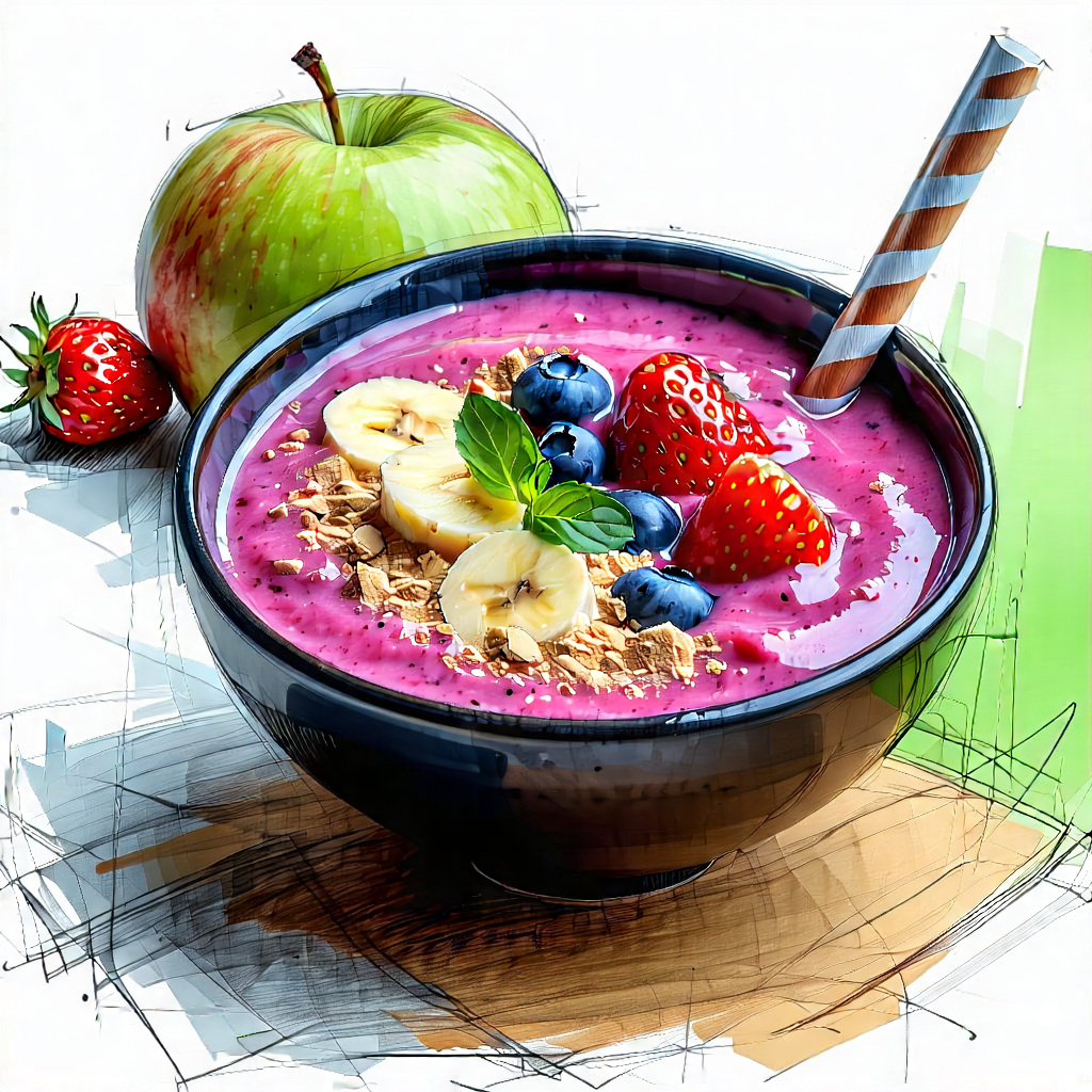 Lifestyle Pencil Sketch: Smoothie Bowl Prepared With Artistic Presentation With Image, There