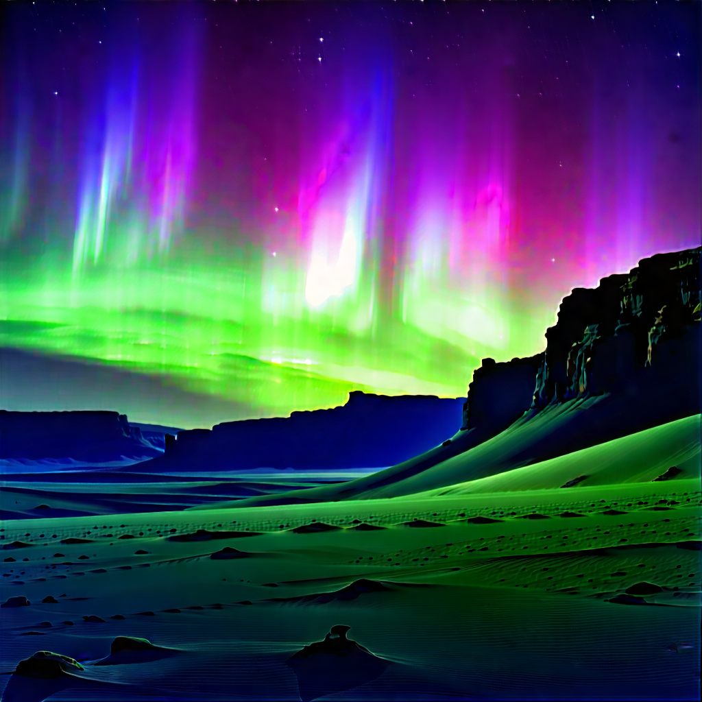 Nature Digital Illustration: Northern Lights Over Desert With Beautiful Nighttime