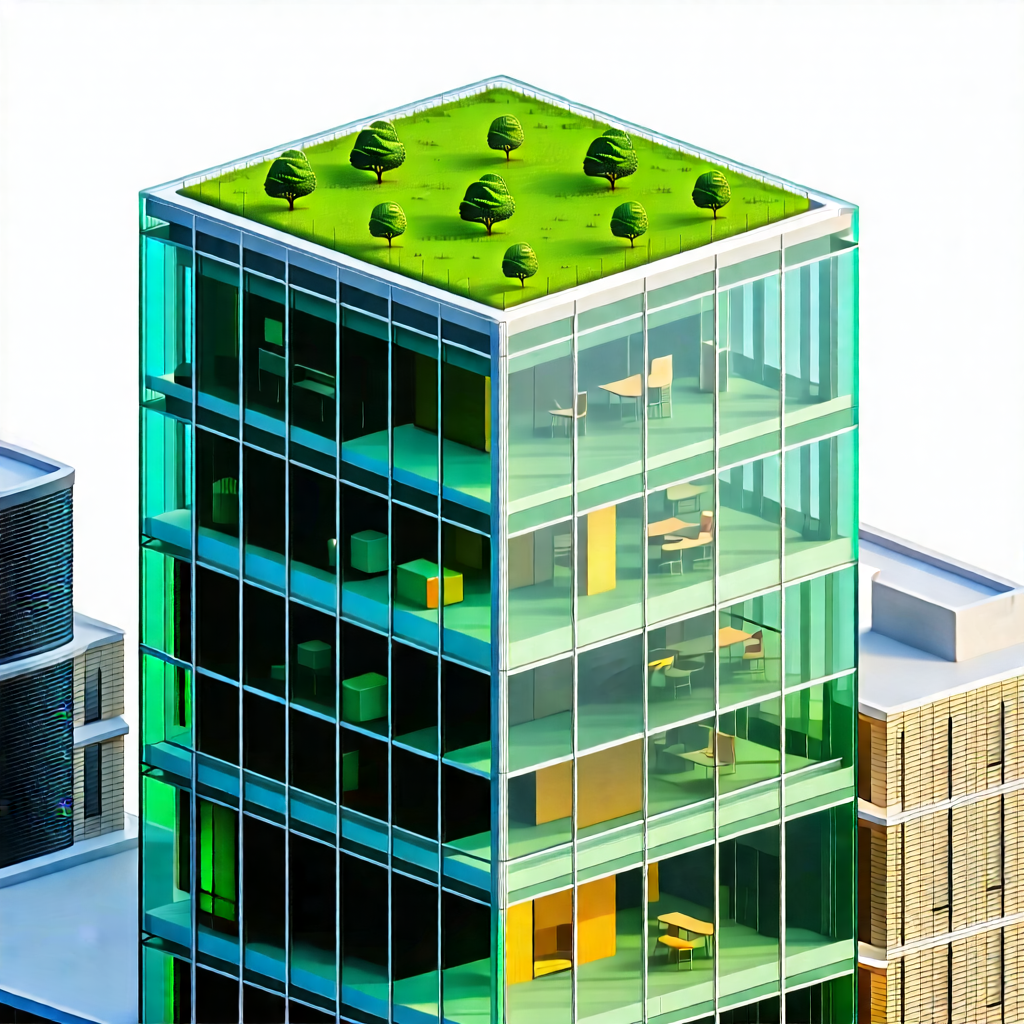 Urban Isometric Design: Glass Office Tower With Green Rooftop With Model Building