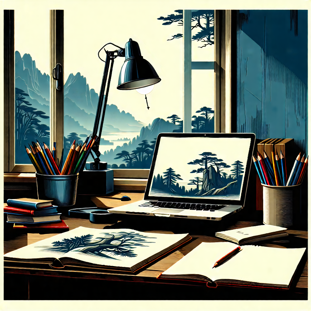 Lifestyle Linocut Print: Home Office With Comfortable Textiles With Desk Laptop
