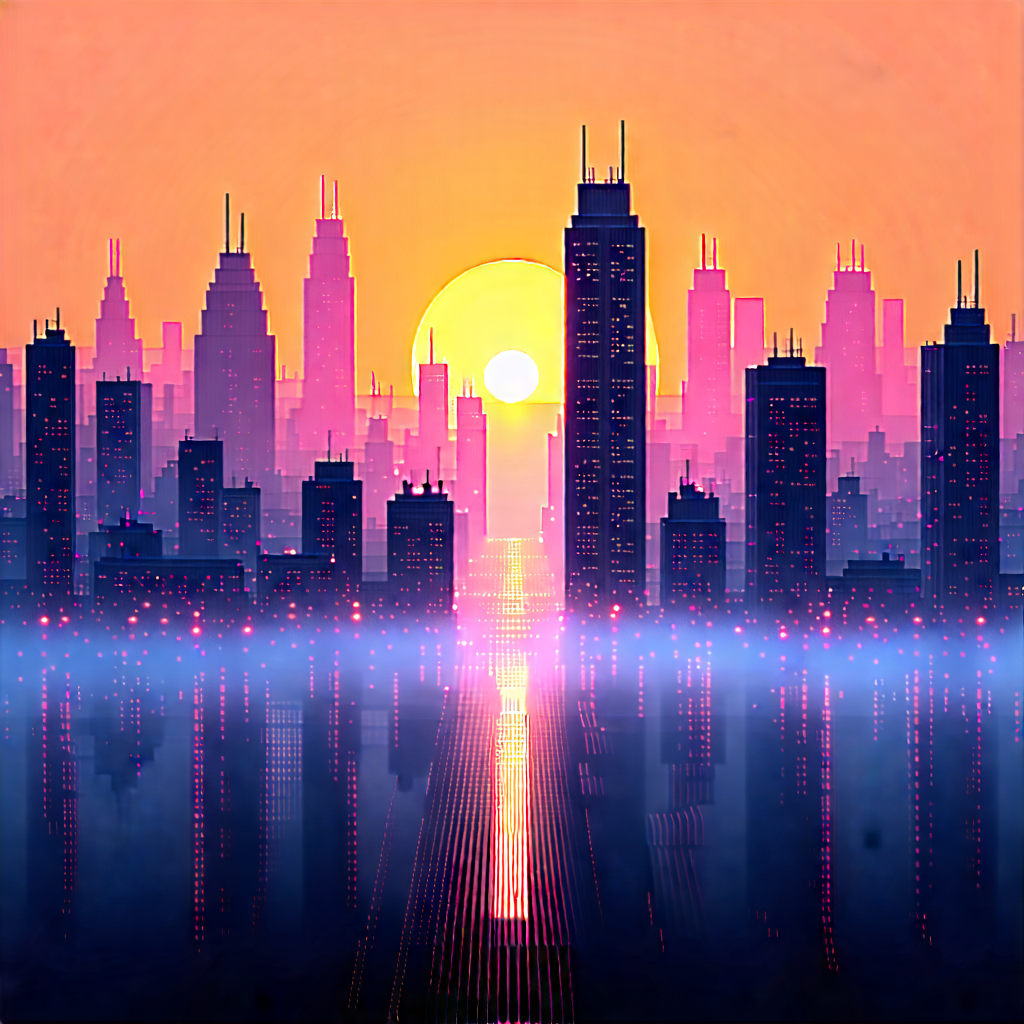 Urban Woodcut Print: Cityscape Of Downtown District During Sunset With Painting City