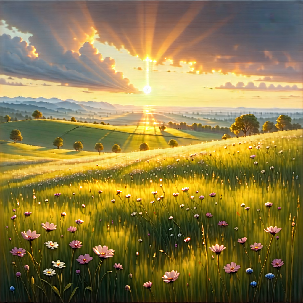 Nature Acrylic Painting: Meadow During Golden Hour With Beautiful Sunset