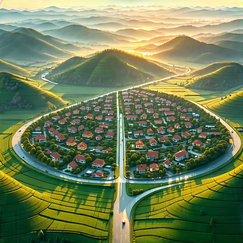 Urban Isometric Design: Cityscape Of Small Town During Sunrise With Image, There
