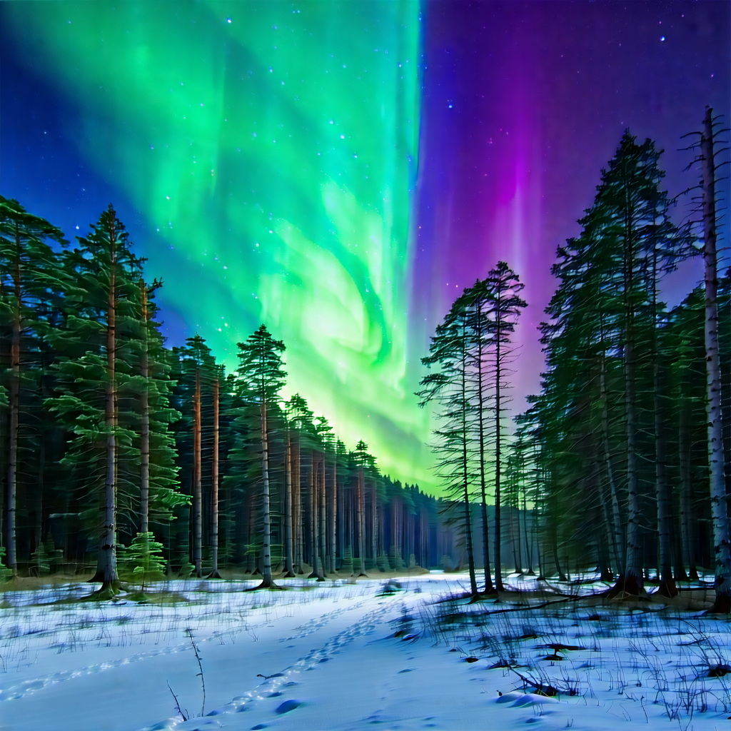 Nature Stock Photography: Northern Lights Over Forest Clearing With Captures Beautiful