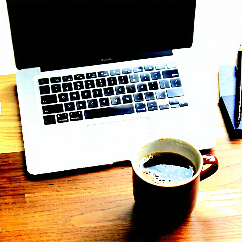 Business Watercolor Painting: Workplace With Laptop And Coffee On Desk With Laptop Computer