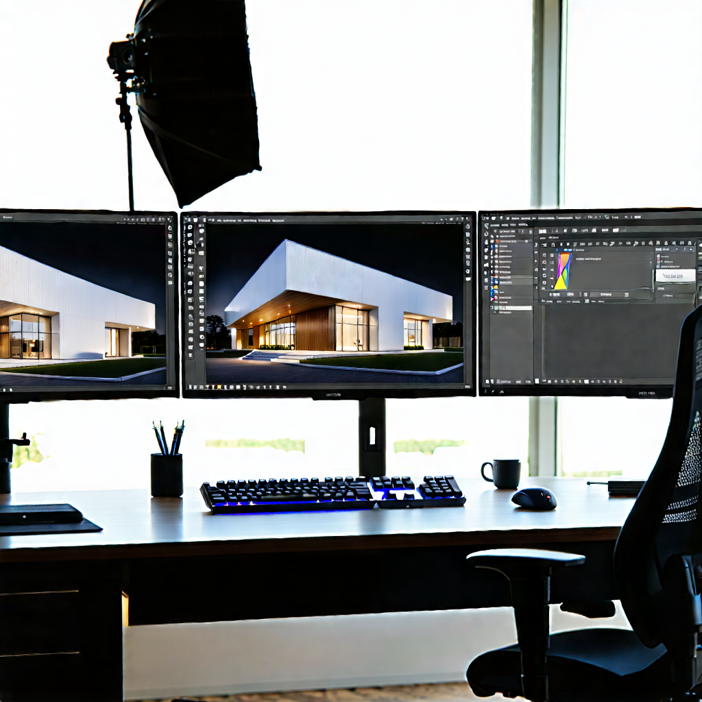 Business Architectural Photography: Creative Professional Using Multiple Monitors With Image, There