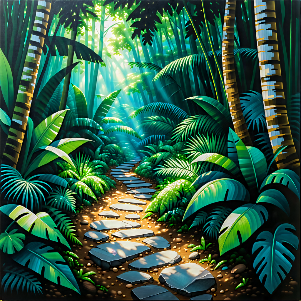 Nature Gouache Painting: Path Through Tropical Jungle With Lush, Green