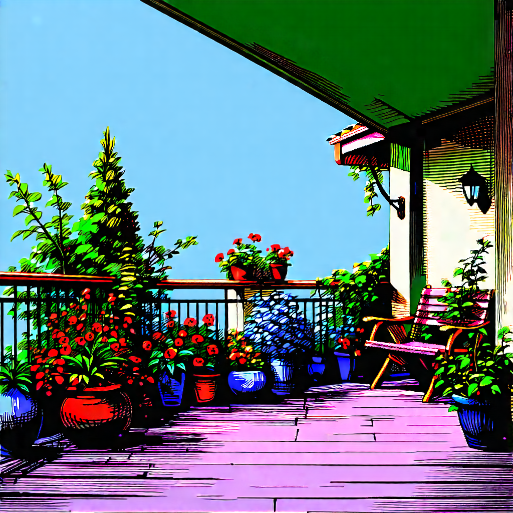 Lifestyle Woodcut Print: Balcony Garden With Plants And Natural Elements With Colorful Drawing