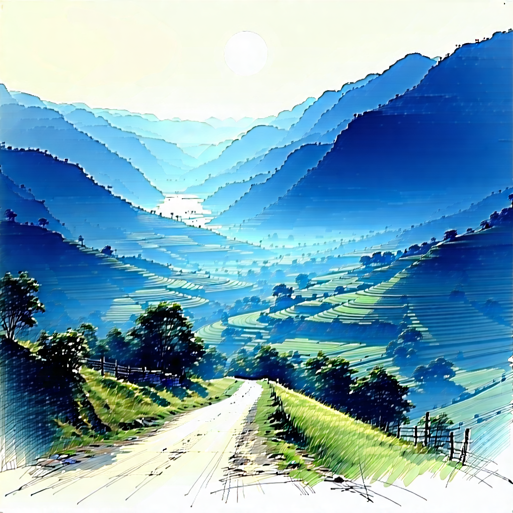 Nature Pencil Sketch: Valley During Blue Hour With Painting Mountainous