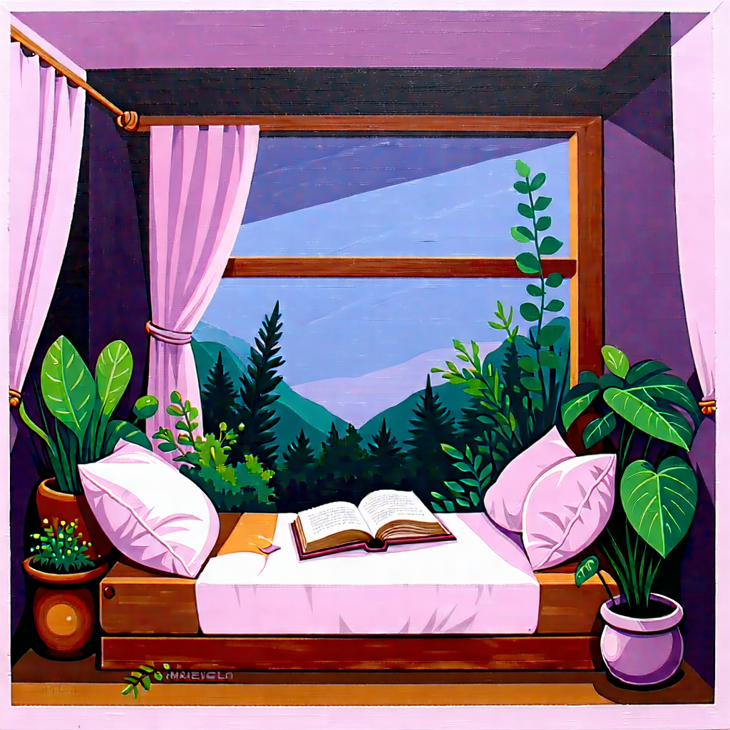 Lifestyle Gouache Painting: Reading Nook With Plants And Natural Elements With Image, There