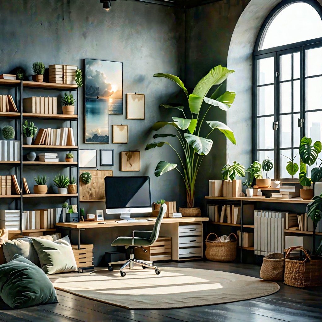 Lifestyle Drone Photography: Home Office With Comfortable Textiles With Image, There