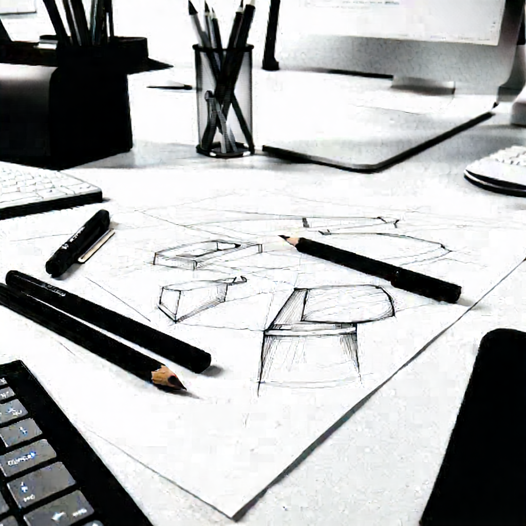 Business Charcoal Drawing: Workplace with productivity tools on desk