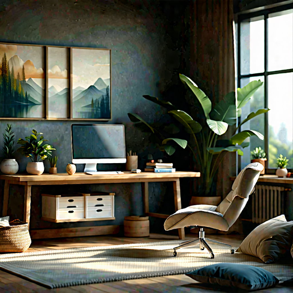 Lifestyle Long Exposure Photography: Home Office With Comfortable Textiles With Image, There