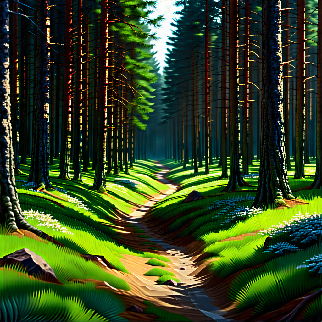 Nature Digital Illustration: Path Through Pine Forest With Image, There