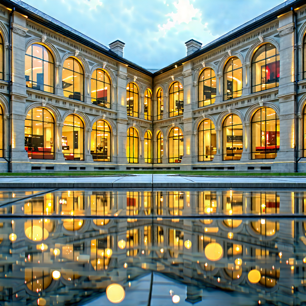 Urban Architectural Photography: Historic Building With Reflective Glass With Large Building
