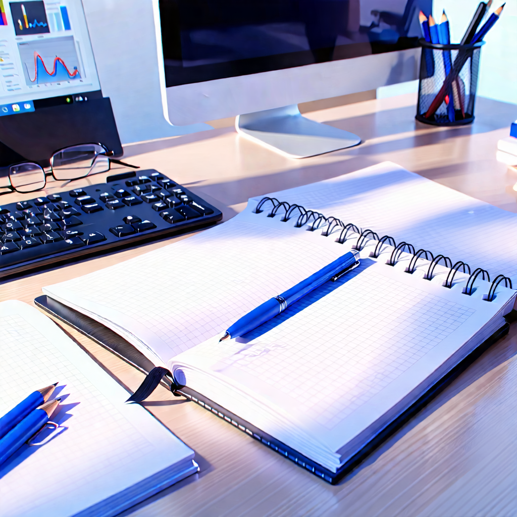 Business Technical Illustration: Workplace with notebooks and pens on desk