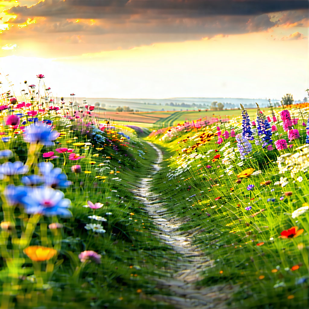 Nature Tilt-shift Photography: Path Through Flowering Meadow With Beautiful, Colorful
