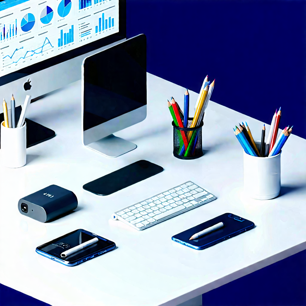 Business Isometric Design: Workplace with productivity tools on desk