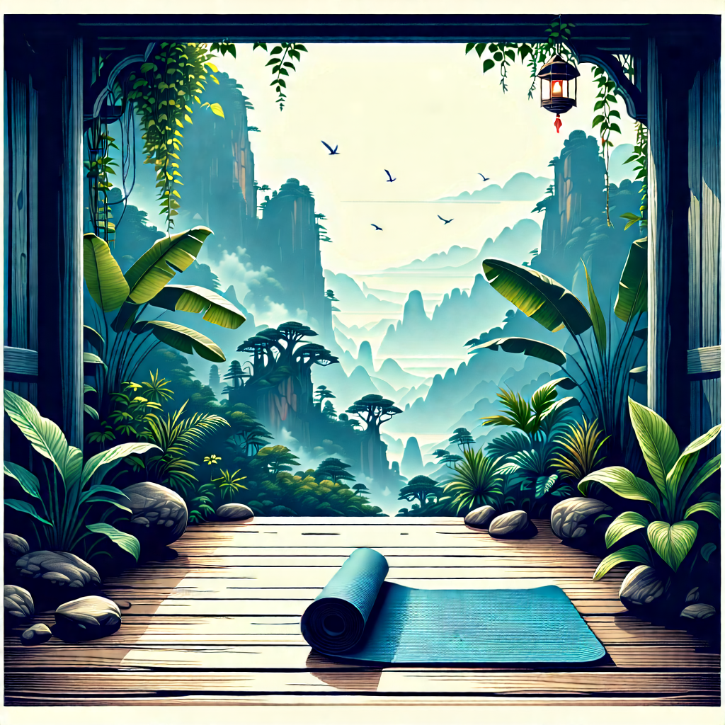 Lifestyle Woodcut Print: Wellness Scene With Yoga Mat And Plants With Image, There