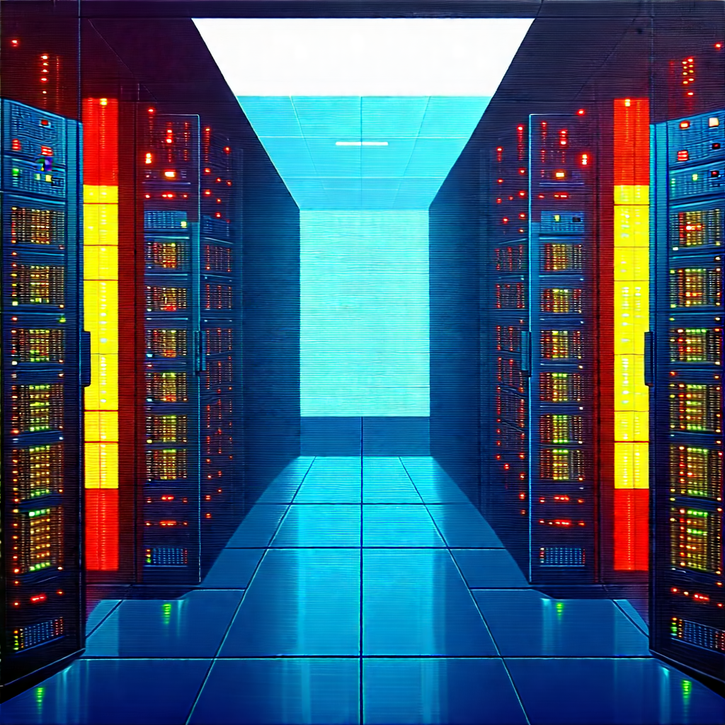 Tech Gouache Painting: (futuristic:1.39) Server Room With Image, There