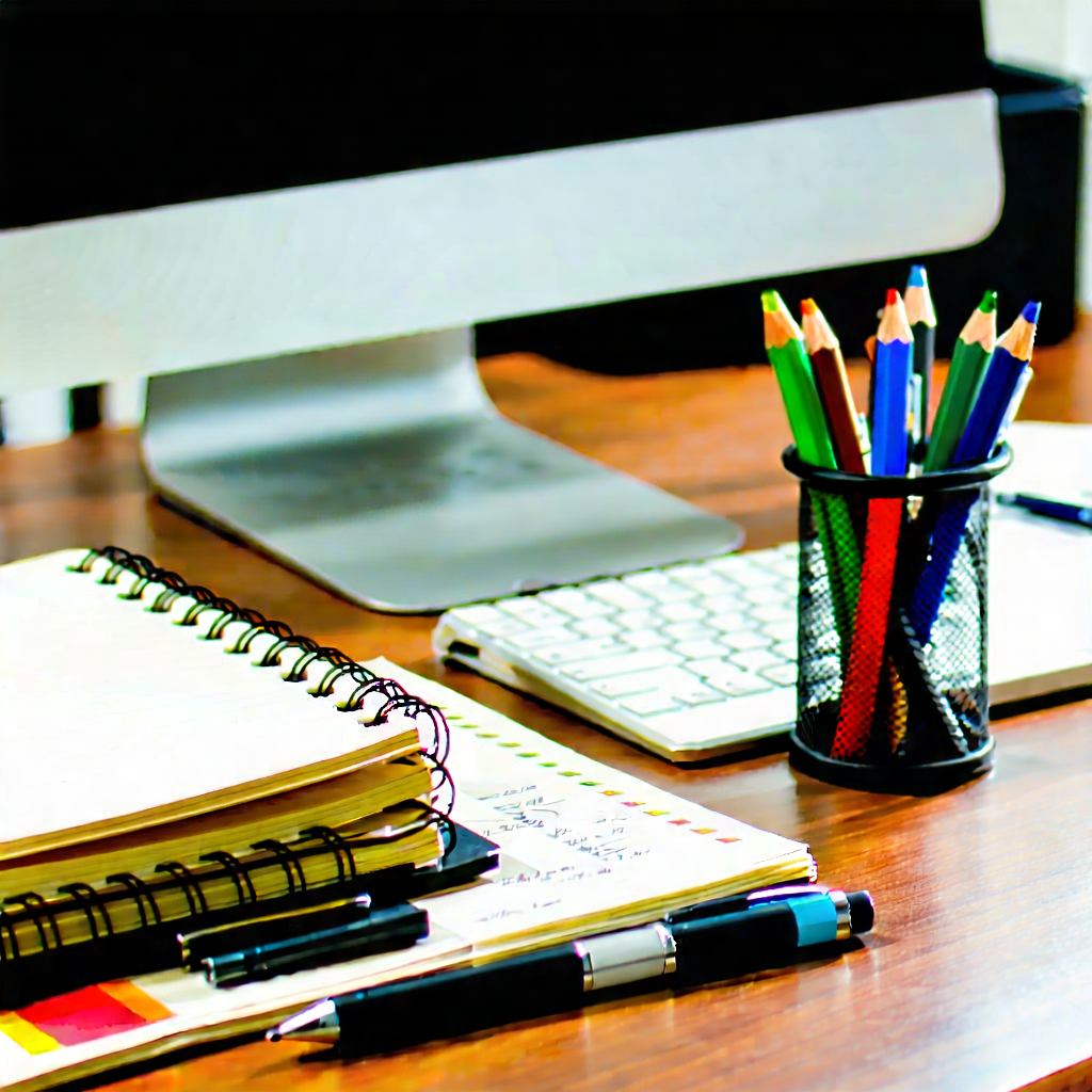 Business Tilt-Shift Photography: Workplace with notebooks and pens on desk