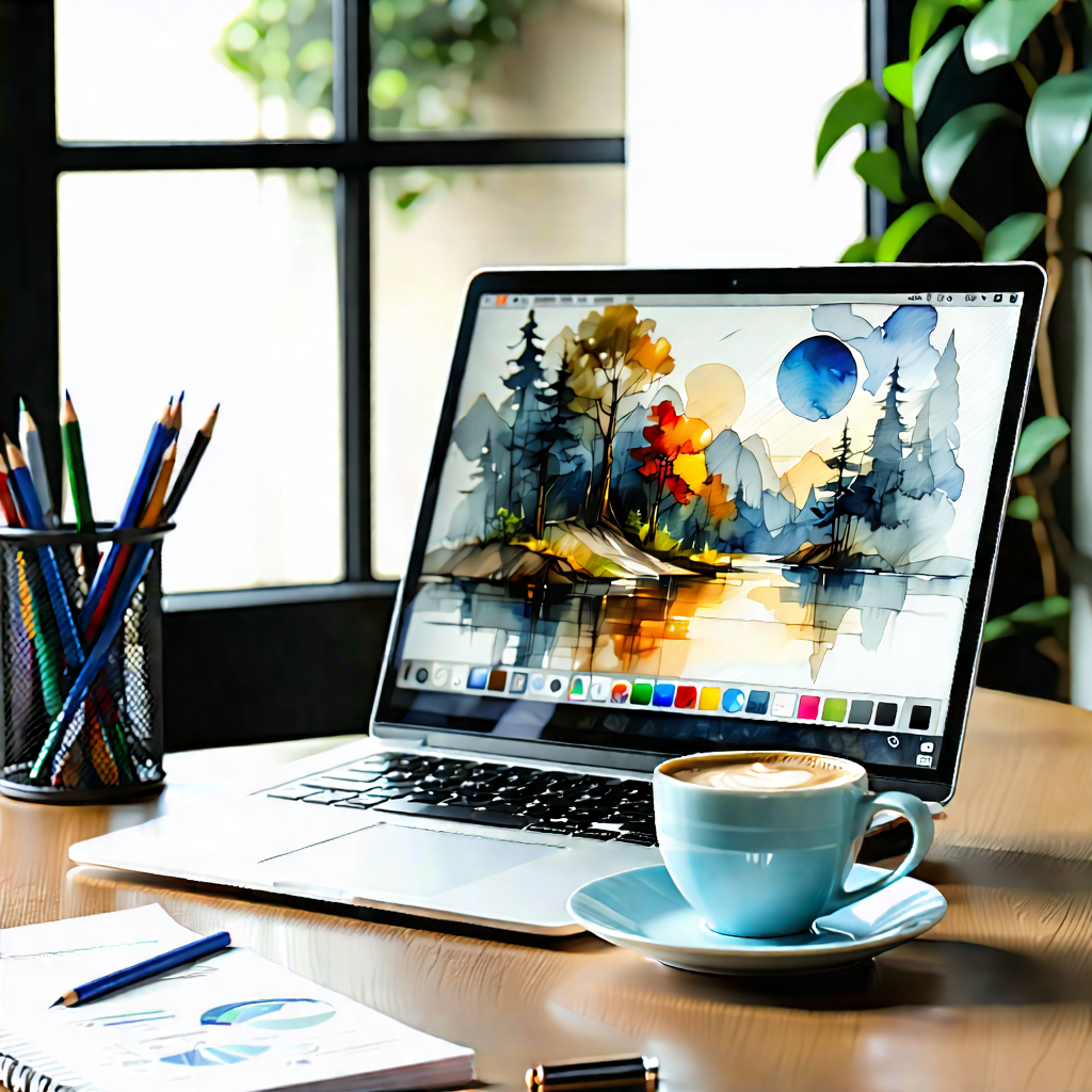 Business Watercolor Painting: Workplace with laptop and coffee on desk