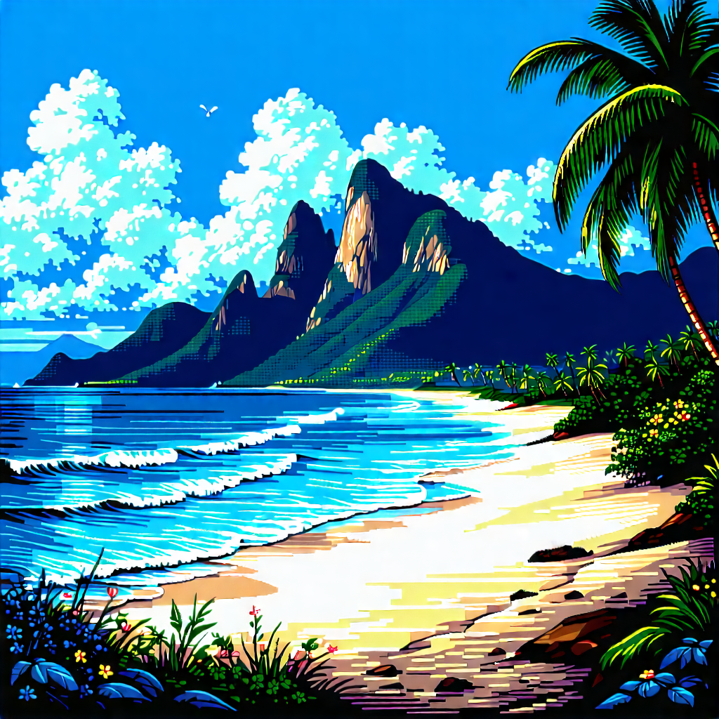 Nature Woodcut Print: Clear (sky:1.49) Over Tropical Beach With Painting Tropical