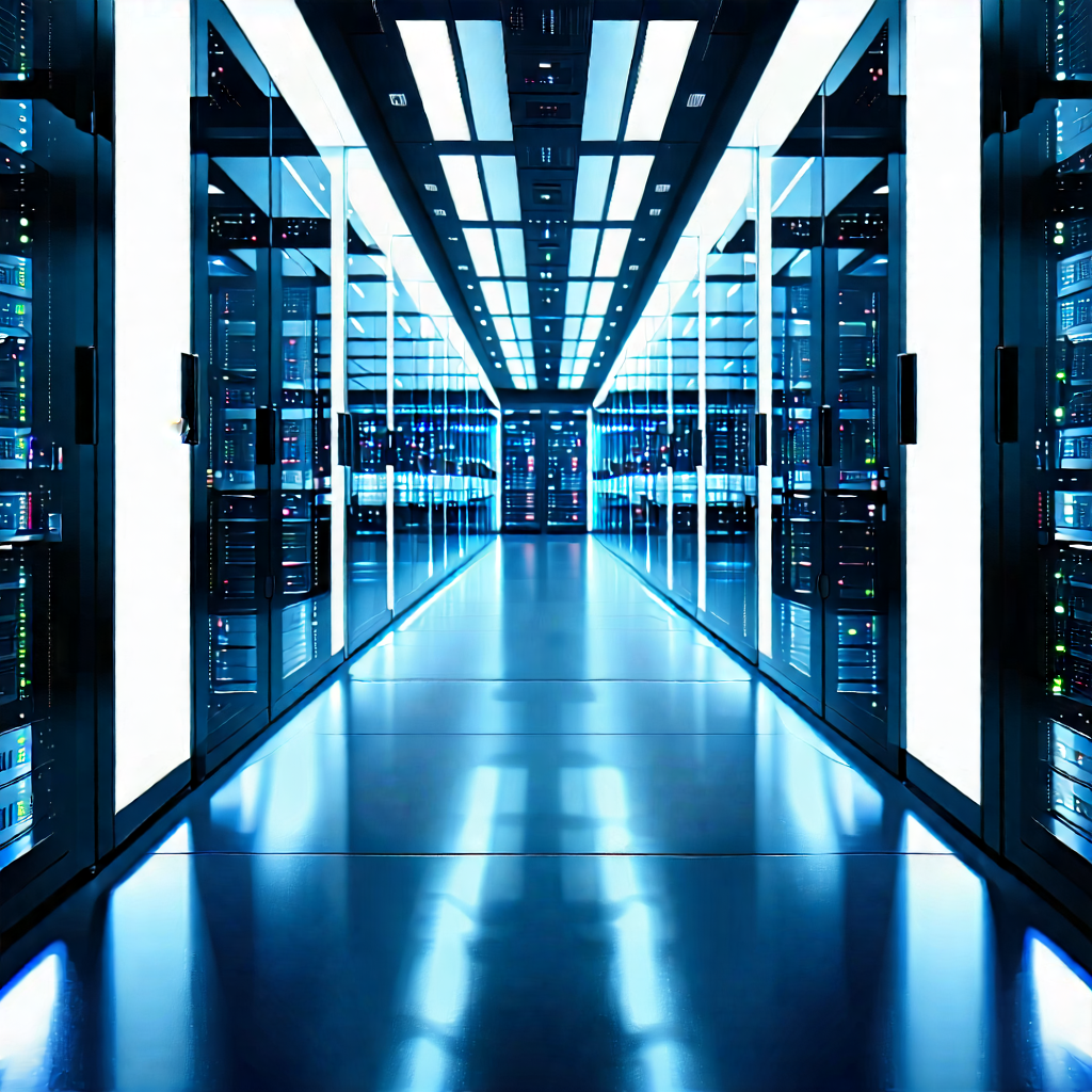 Tech Landscape Photography: (futuristic:1.41) Server Room With Large Room