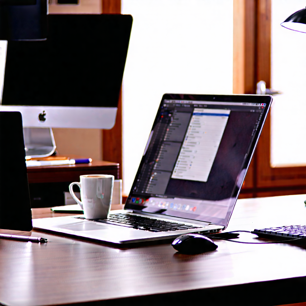 Business Commercial Photography: Workplace with laptop and coffee on desk