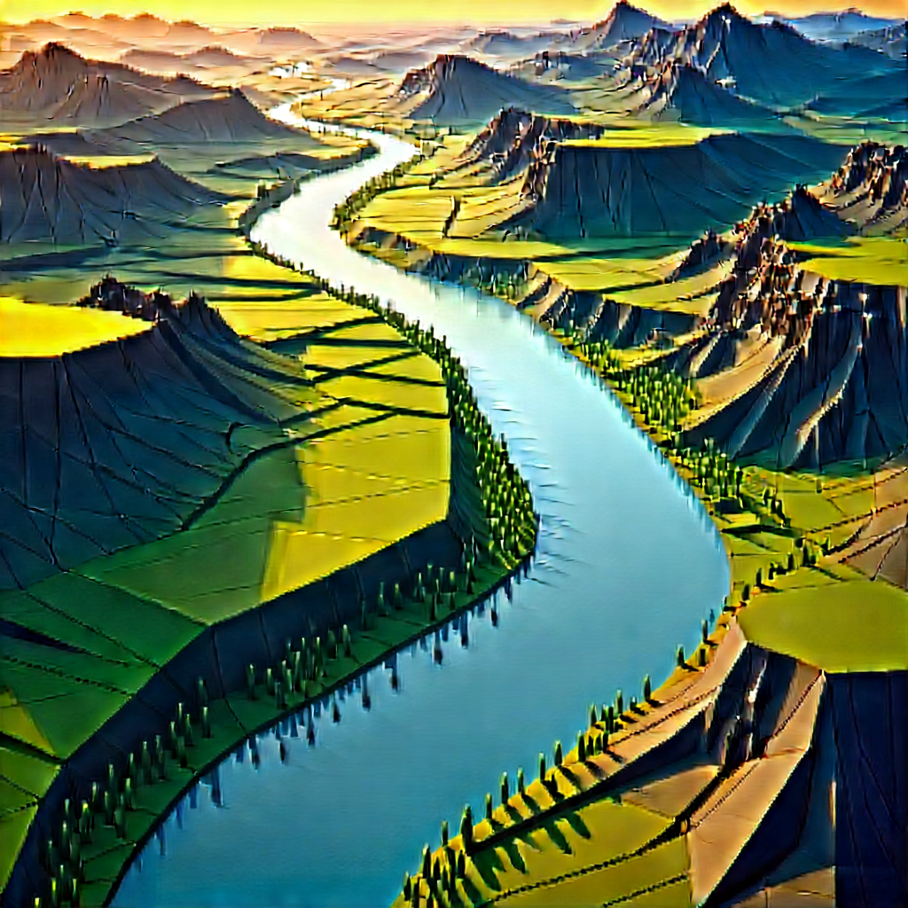 Nature Low Poly: Aerial View Of Winding River With Computer-generated, Model