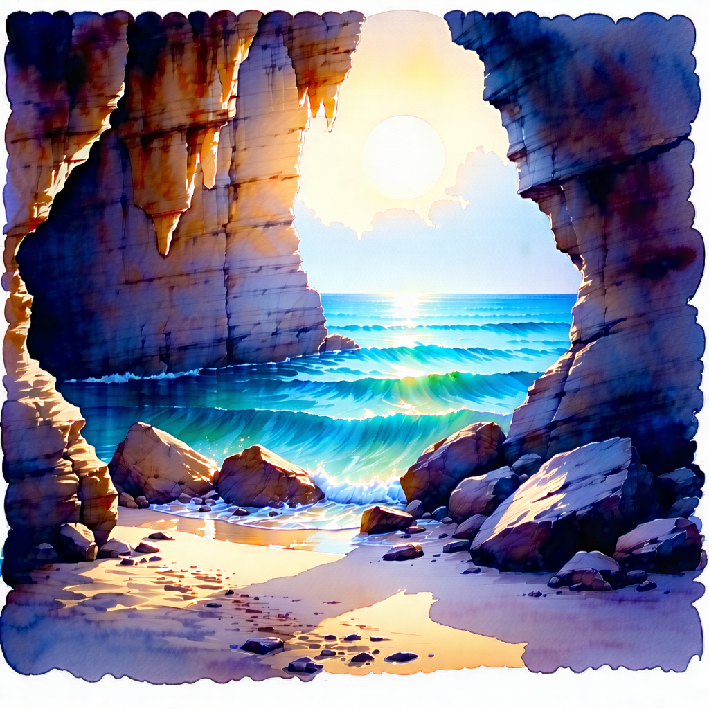 Nature Watercolor Painting: Cave Entrance In Summer With Painting Beach