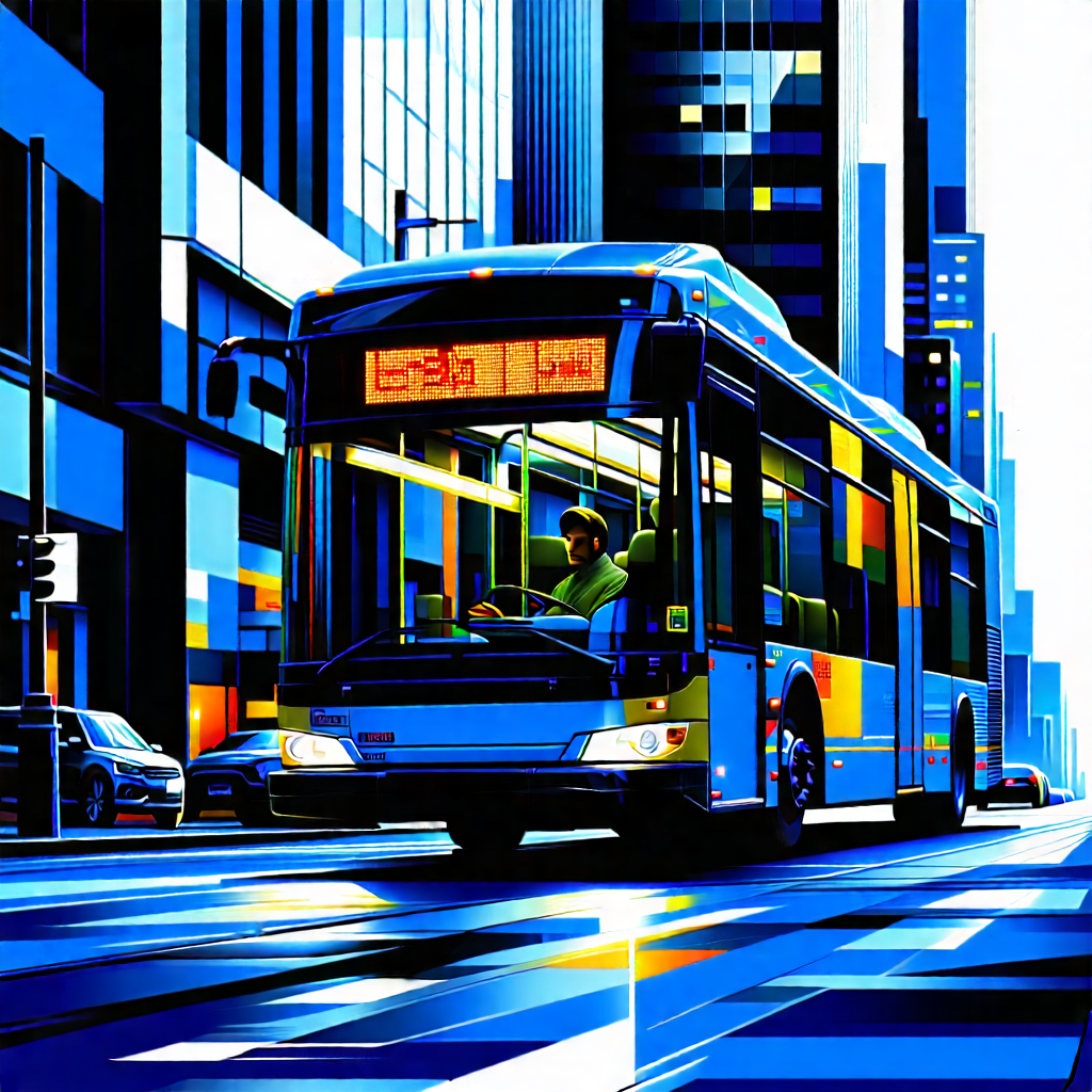 Urban Graphic Design: (city:1.29) Bus In Financial District With Large Blue