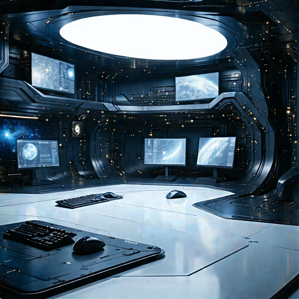 Tech Aerial Photography: (futuristic:1.28) (digital:1.44) Workspace With Futuristic Setting,