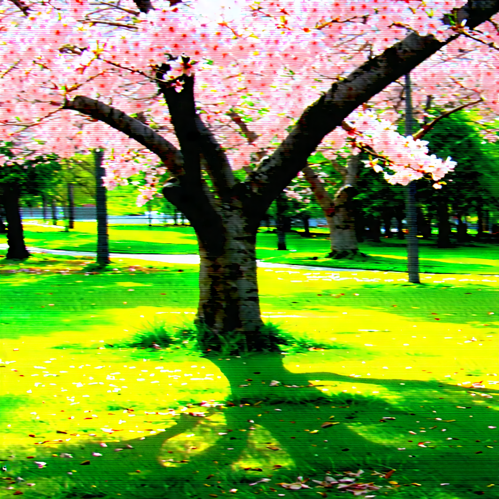 Nature Tilt-shift Photography: Cherry Blossoms In Sunlit Clearing With Large Tree