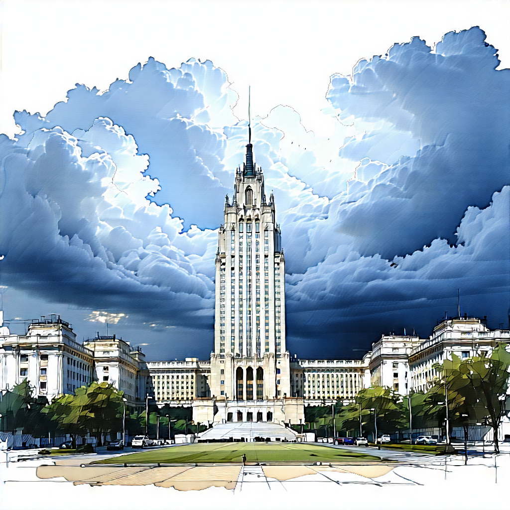 Urban Ink Drawing: Famous Building With Dramatic Clouds With Large Building