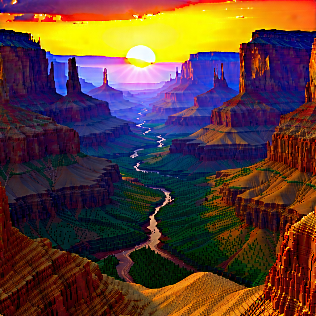 Nature Digital Illustration: Canyon During Sunrise With Computer-generated, Representation