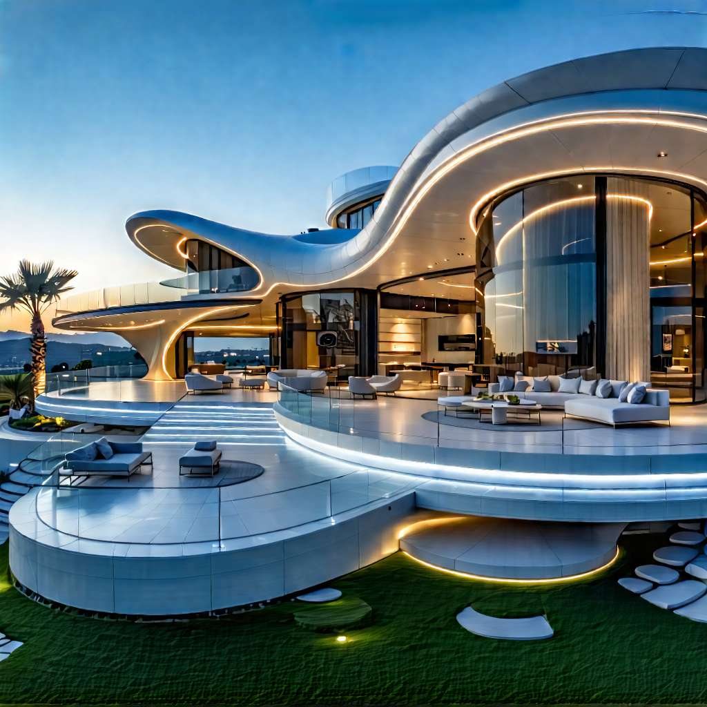 Tech Architectural Photography: (futuristic:1.42) Smart Home With Large, Modern