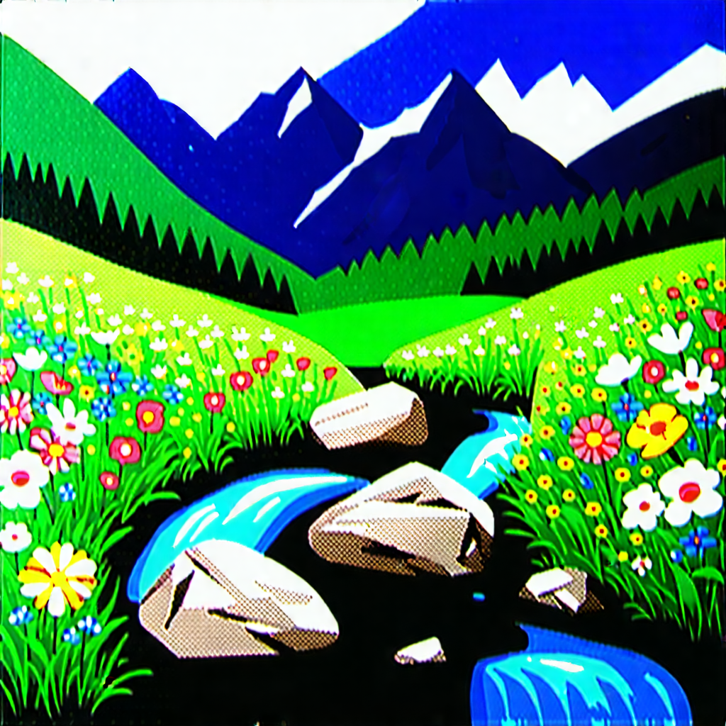 Nature Infographic Style: Mountain stream surrounded by wildflowers