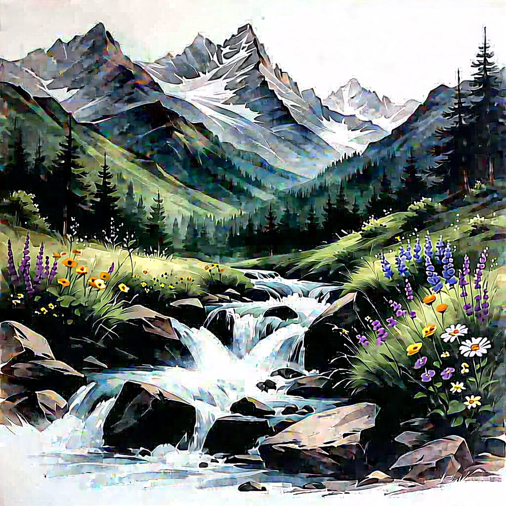 Nature Charcoal Drawing: Mountain Stream Surrounded By Wildflowers With Beautiful Mountain