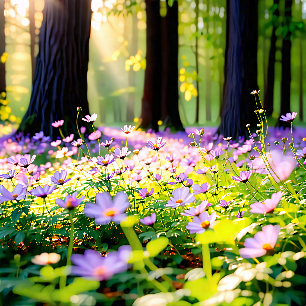 Nature Long Exposure Photography: Wildflowers In Sunlit Clearing With Beautiful Forest