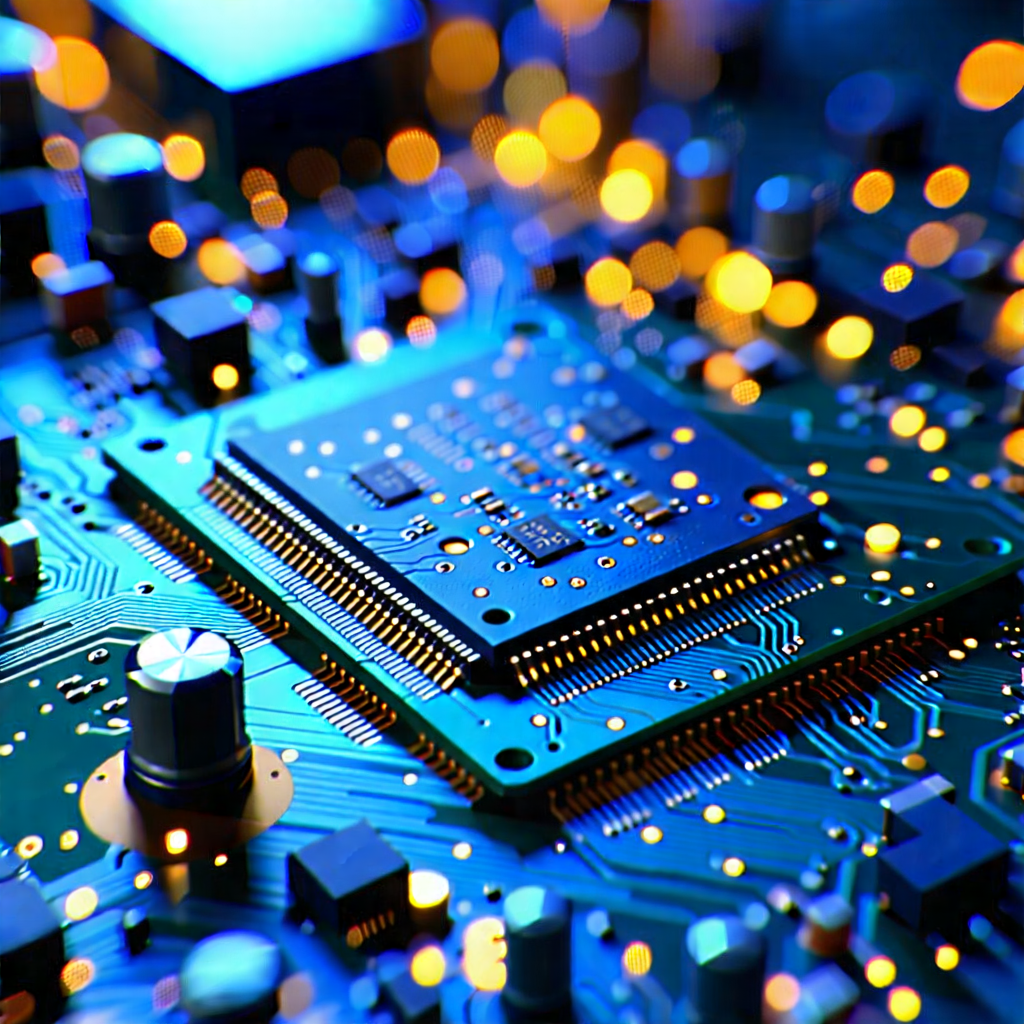 Tech Tilt-Shift Photography: Circuit board with digital particles