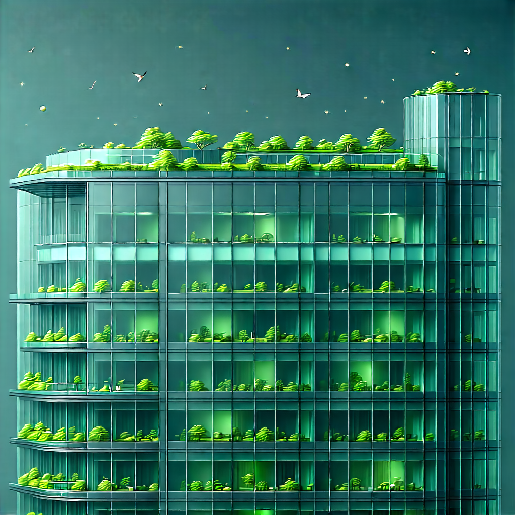 Urban Flat Design: Glass Office Tower With Green Rooftop With Large, Detailed