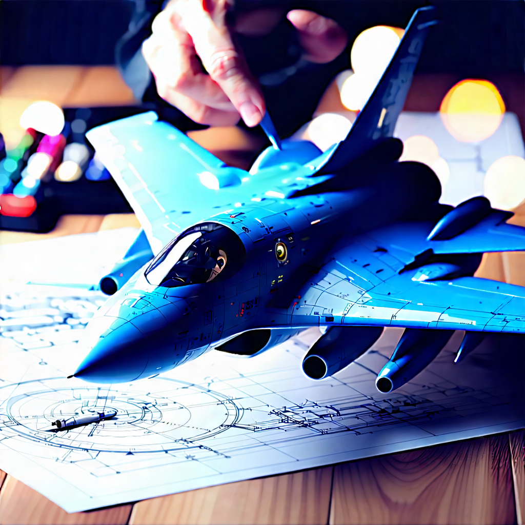 Tech Ink Drawing: Aerospace Technology In Tech Office With Blue Model