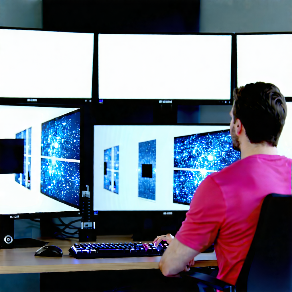 Business Advertising Photography: Tech professional using multiple monitors