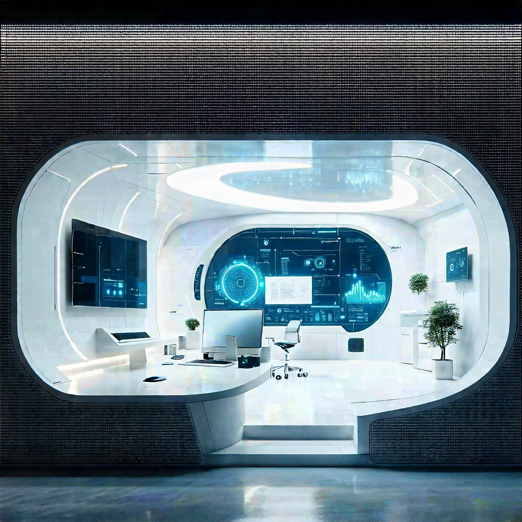 Tech Aerial Photography: (futuristic:1.35) Tech Startup Office With Futuristic Office
