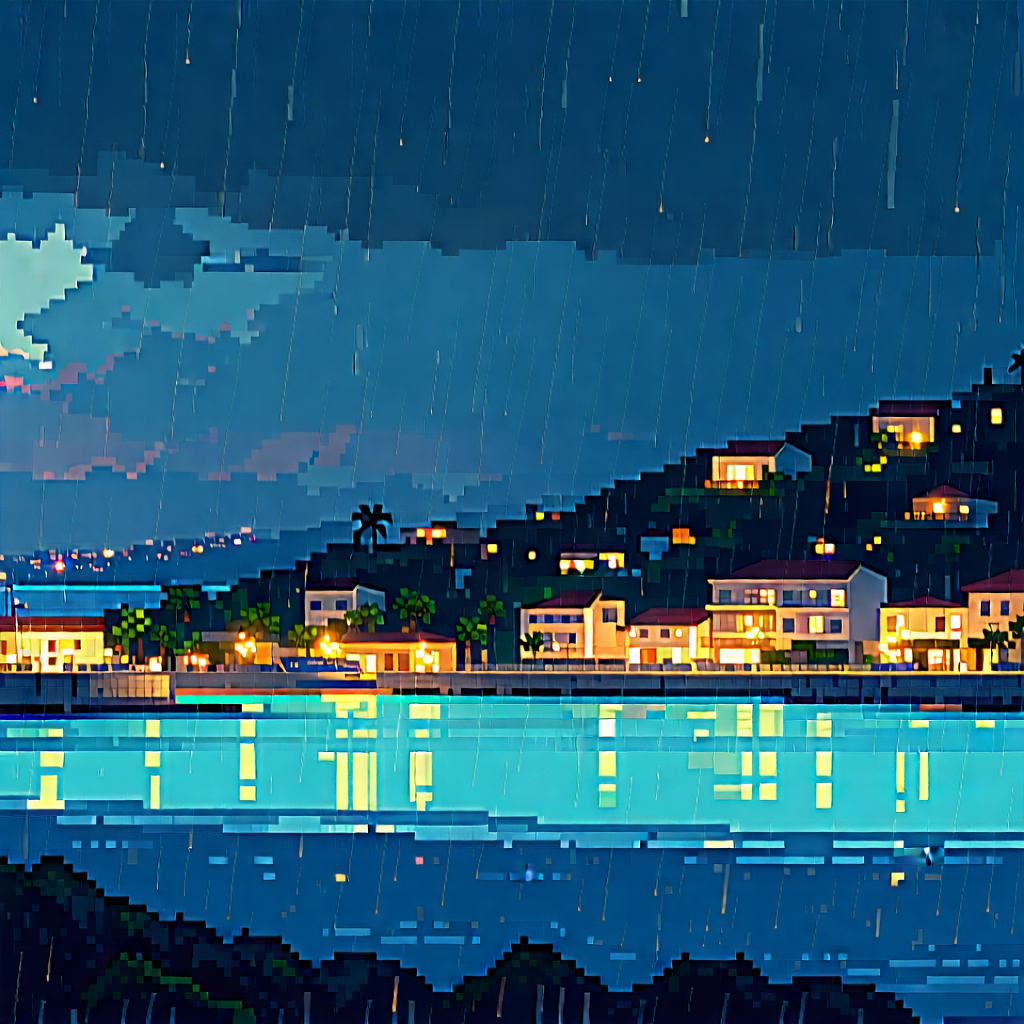 Urban Voxel Art: Cityscape of coastal city during rainy evening