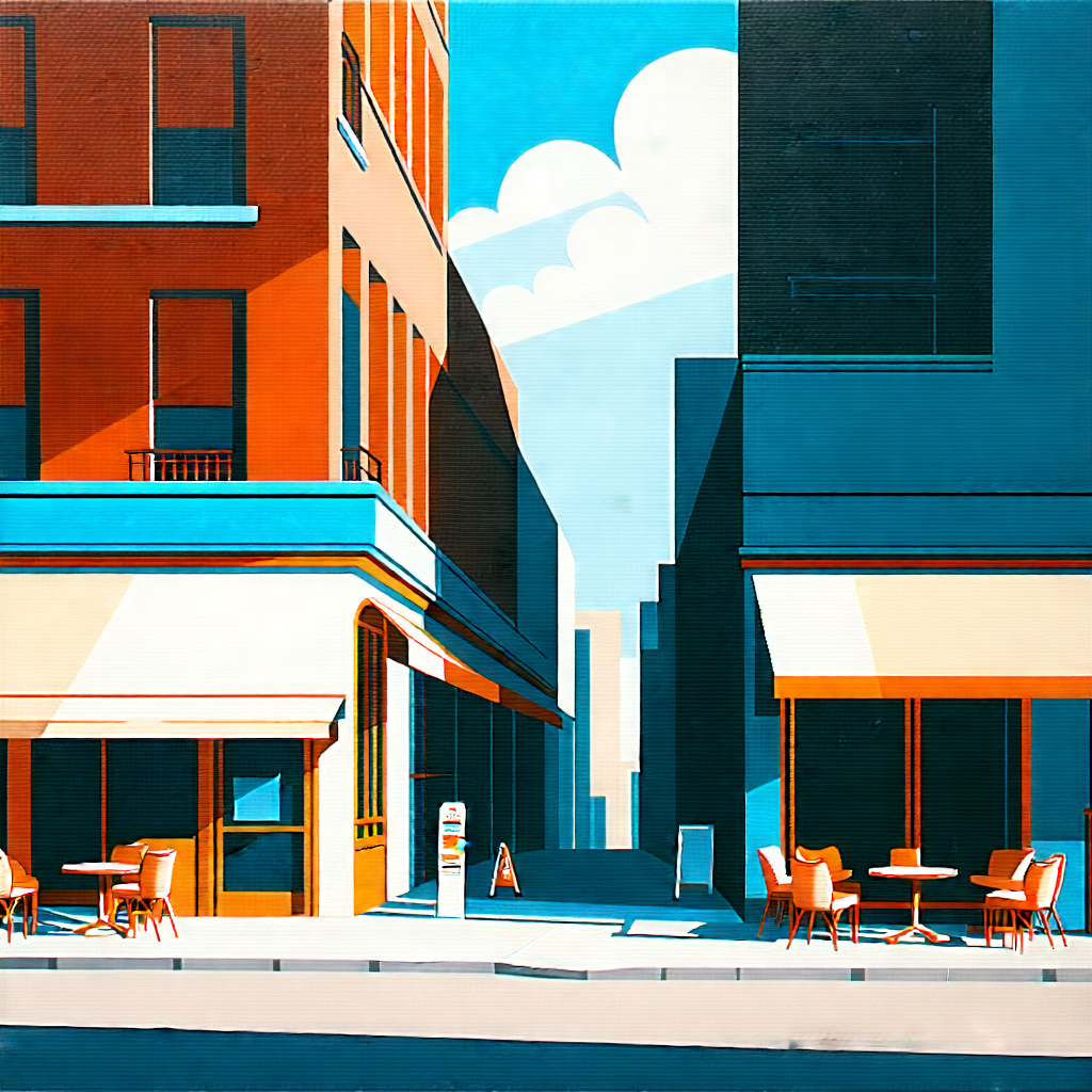 Urban Gouache Painting: Urban street with cafes and shops