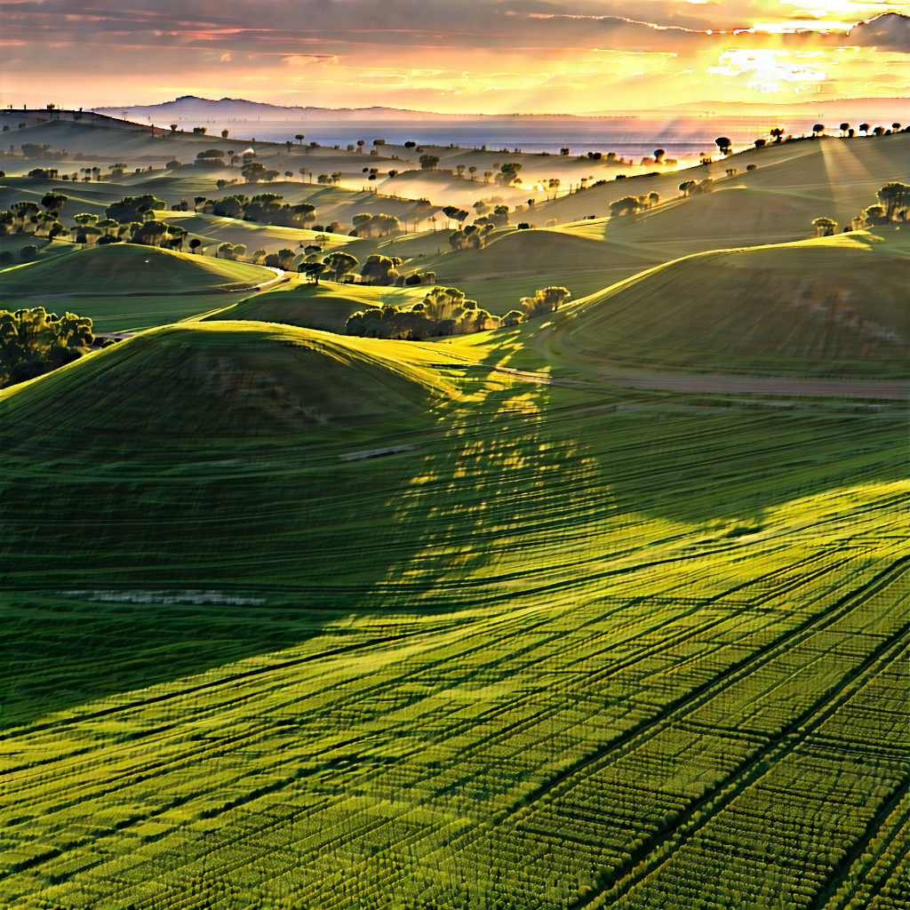 Nature Drone Photography: Rolling Hills During Sunrise With Lush Green